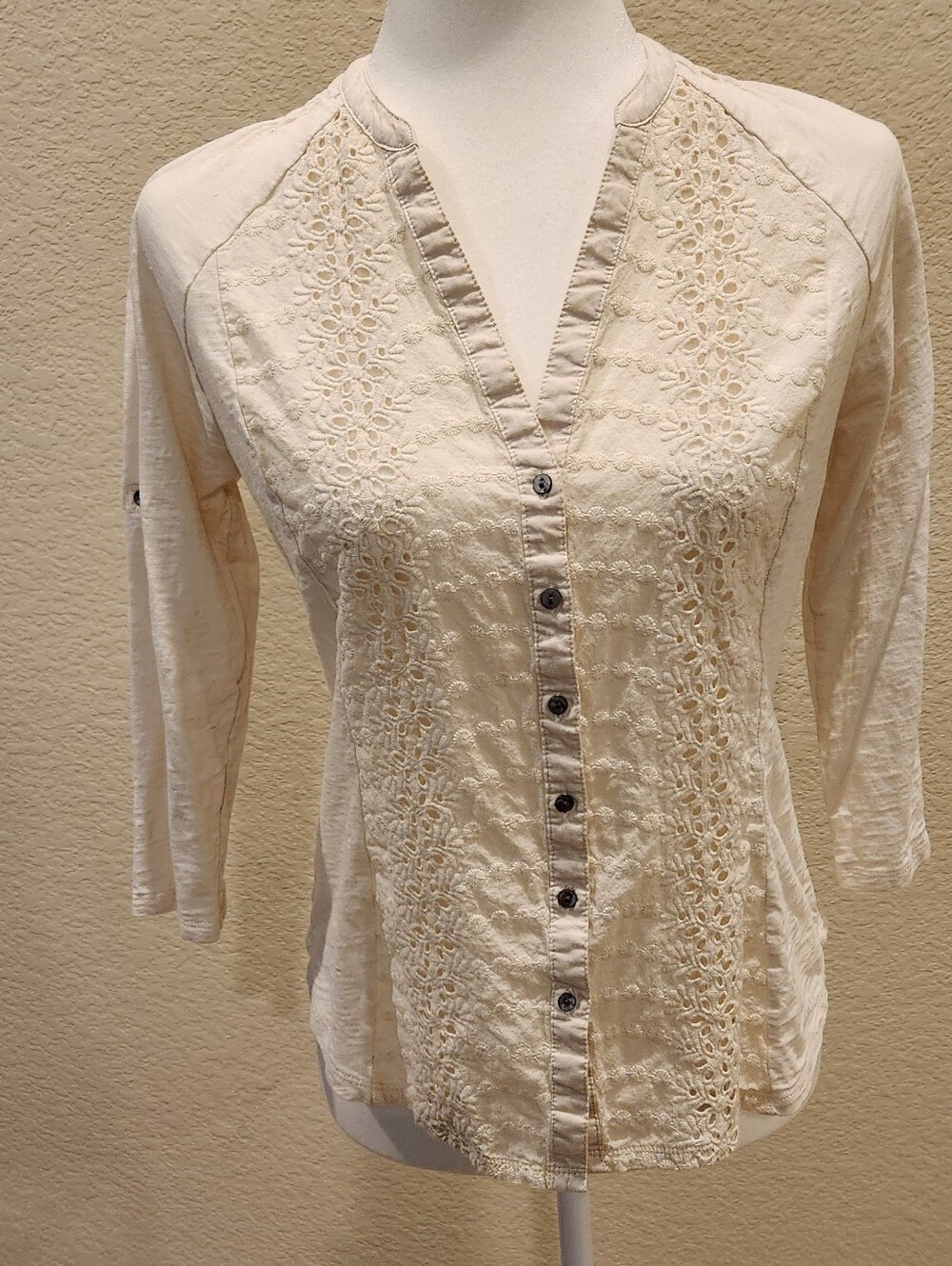 Women's Embroidered Cream Button-Down Blouse
